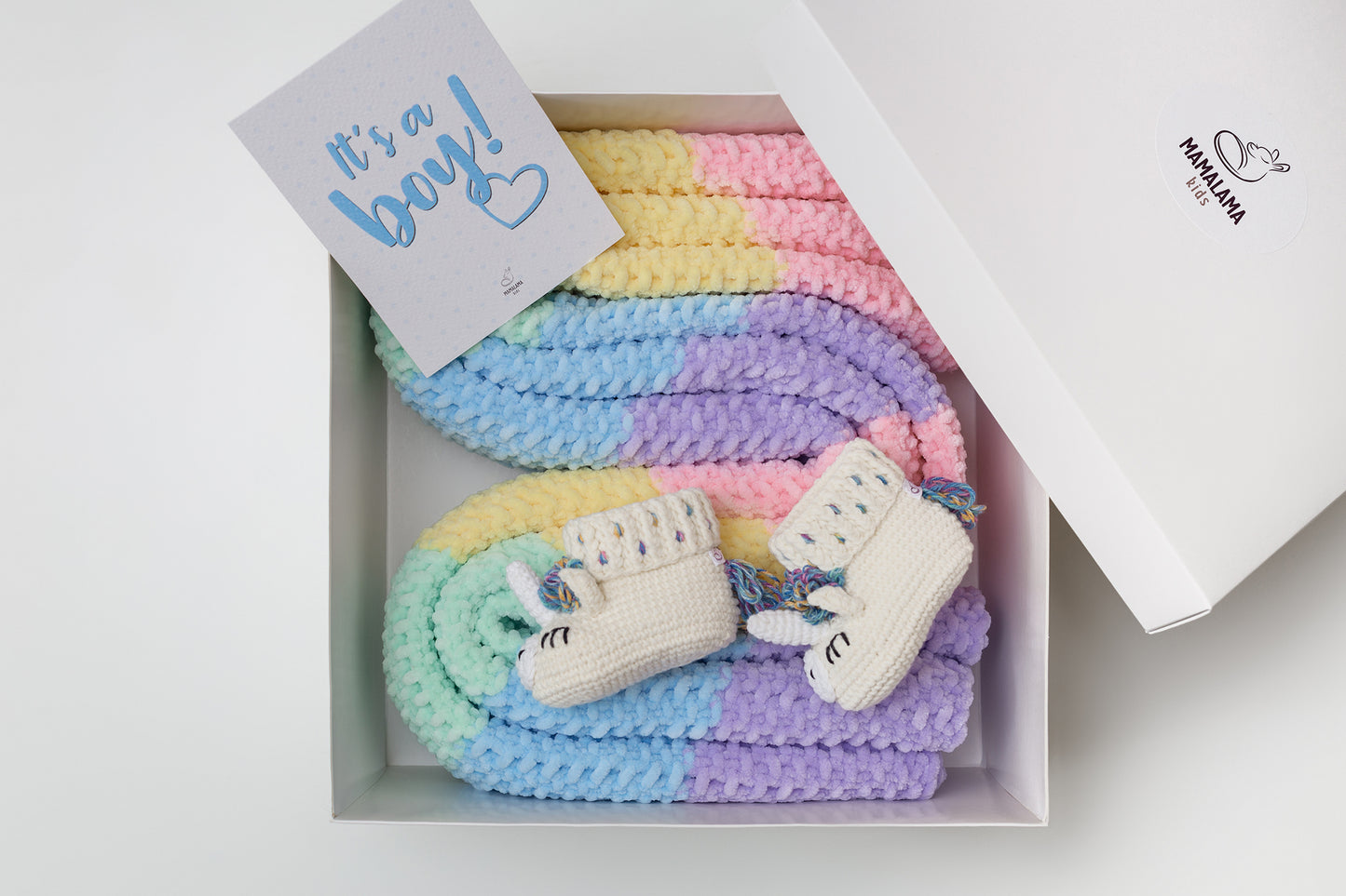 Baby boy shower gift box with crochet unicorn booties