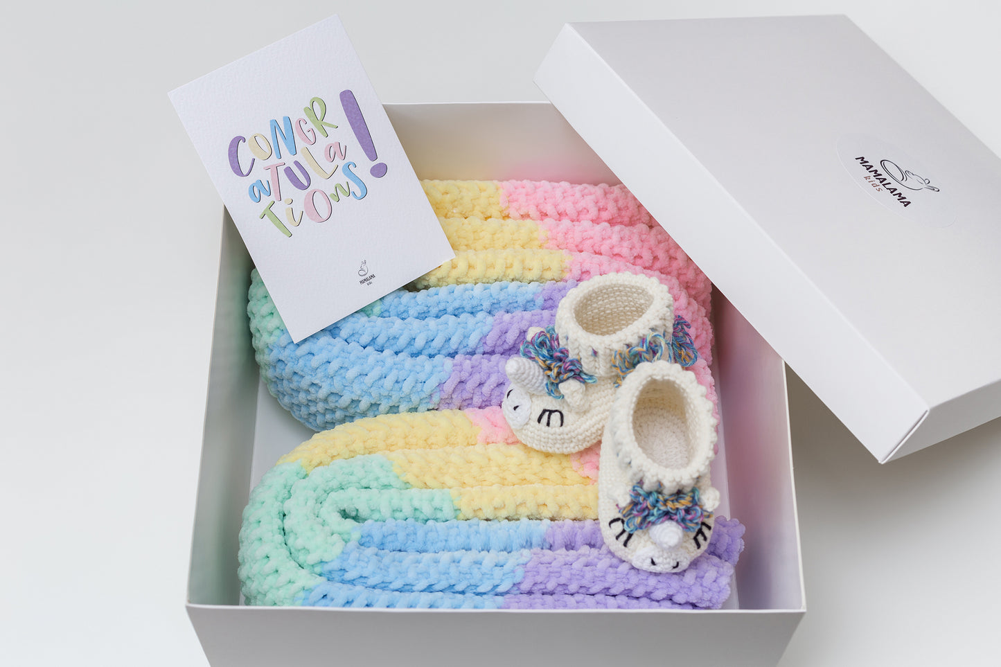 Baby blanket & unicorn booties gift box Rainbow