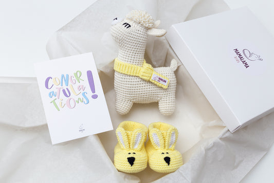 Llama toy & bunny booties gift box Yellow Off white