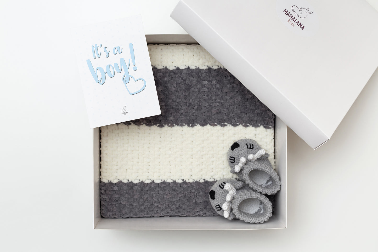 Baby boy shower gift box with crochet gray deer booties