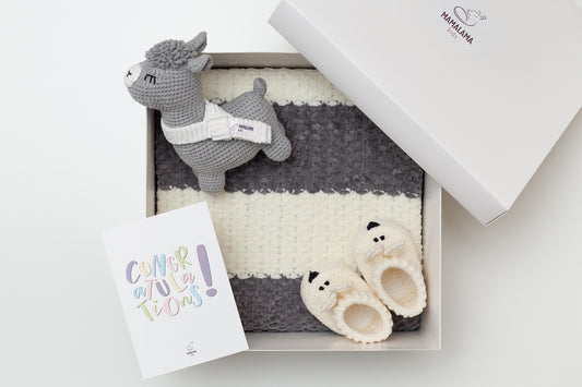 Llama toy & blanket & bunny booties gift box Gray
