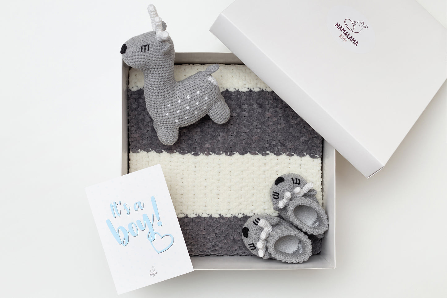 Baby boy shower gift box with crochet gray deer booties